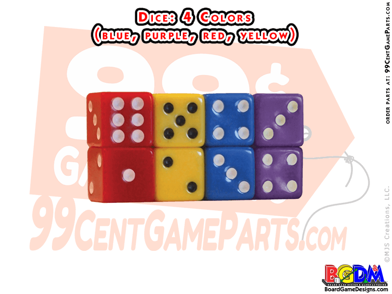 Dice: 4 Dice Color Set (2 each); 6 sided, blue, purple, red, yellow. Game Dice 16mm