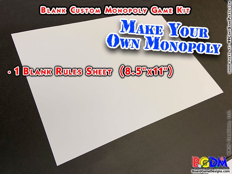 Blank Custom Monopoly Game Kit: Rules / Instructions Sheet